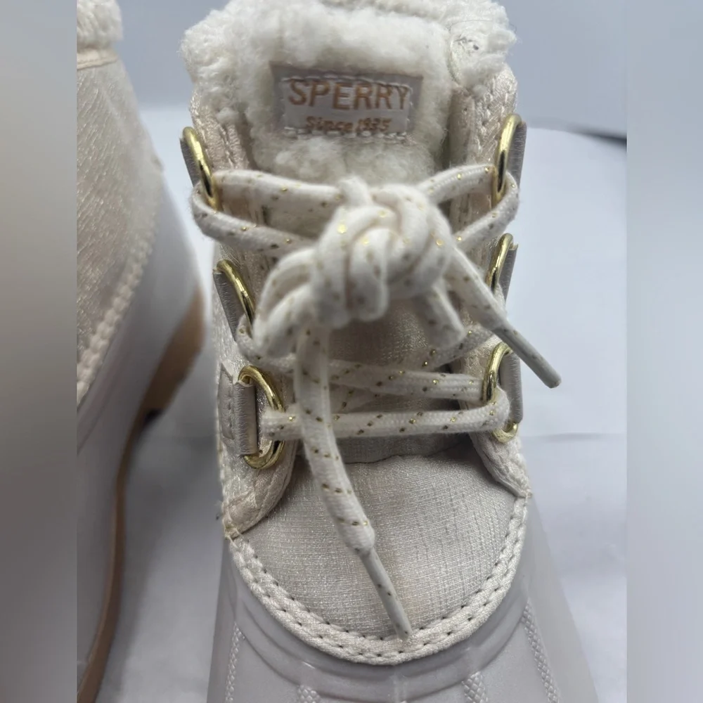 Sperry Port Alpine Cream Boots rain faux fur shimmer Girls 5